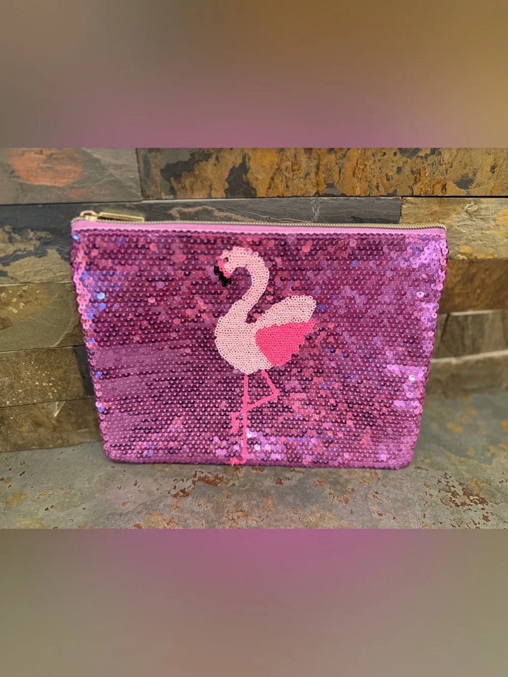 Pink Sequin Flamingo Zip Pouch Tarte Make Up Holder